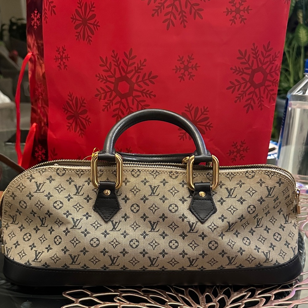 Louis Vuitton Alma Long Tan and Navy Monogram Satchel